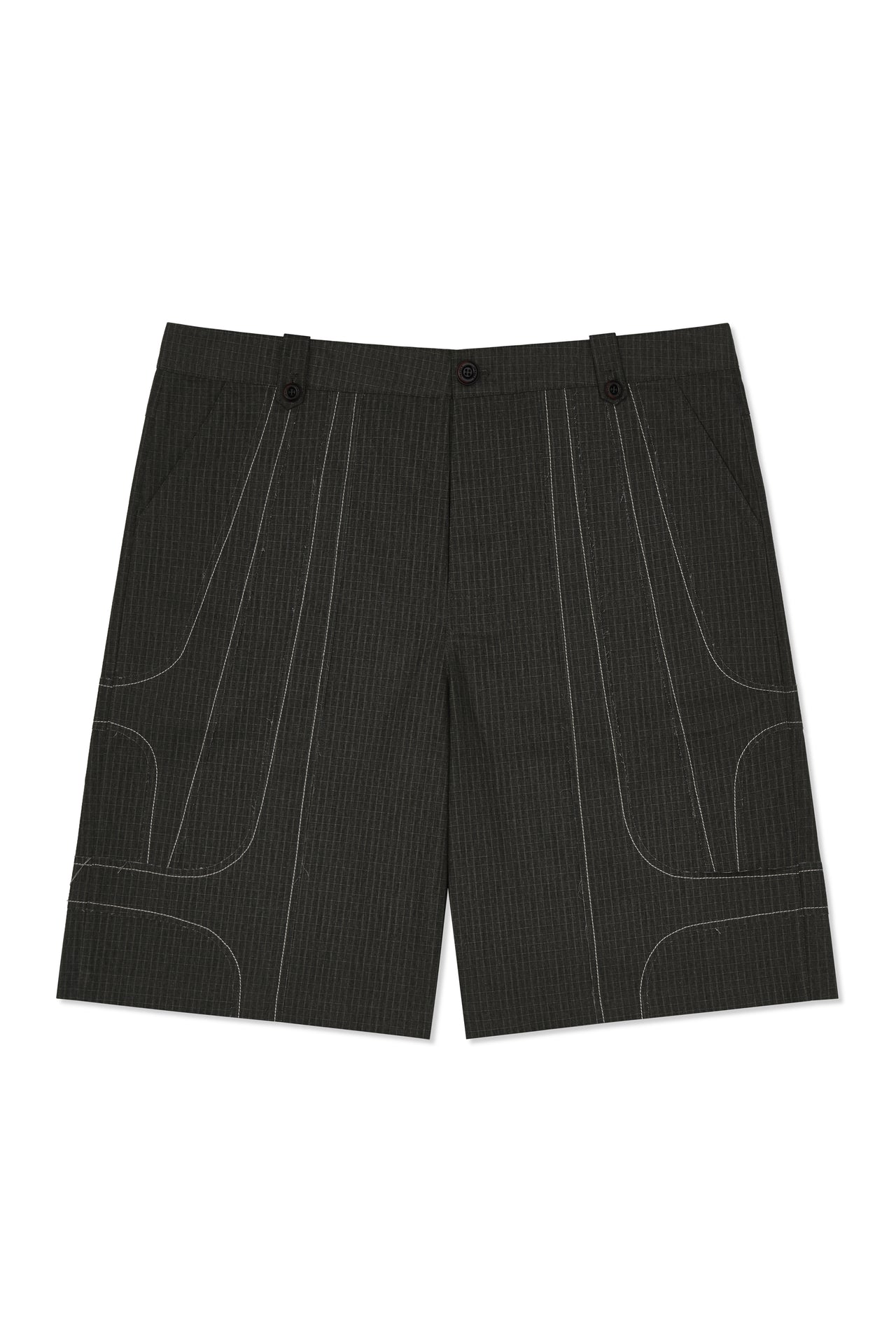 IOEDLE stitched stream shorts showing a relaxed fit with detailed stitching and casual style, perfect for everyday wear.