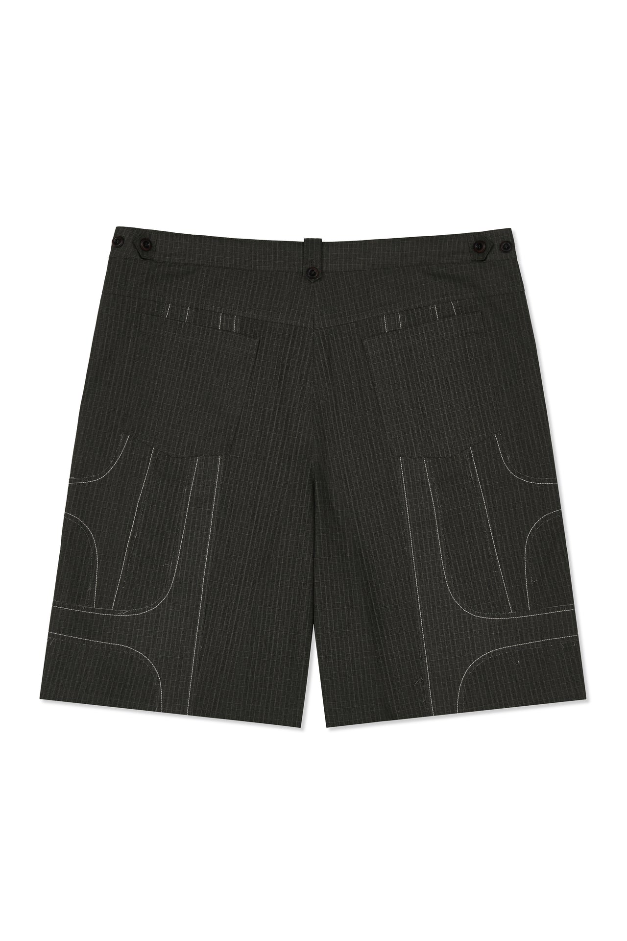 IOEDLE stitched stream shorts showing a relaxed fit with detailed stitching and casual style, perfect for everyday wear.