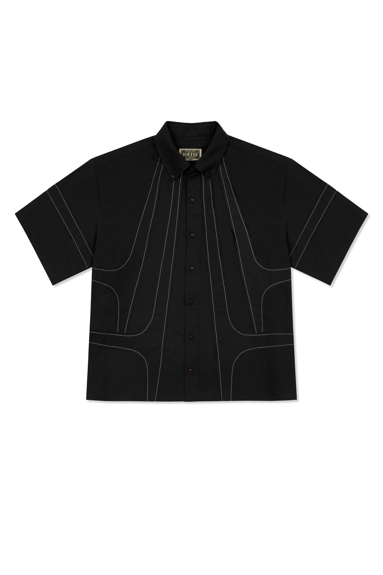 IOEDLE stitched stream short-sleeve shirt with detailed stitching, casual fit, and lightweight fabric, displayed on a neutral background.