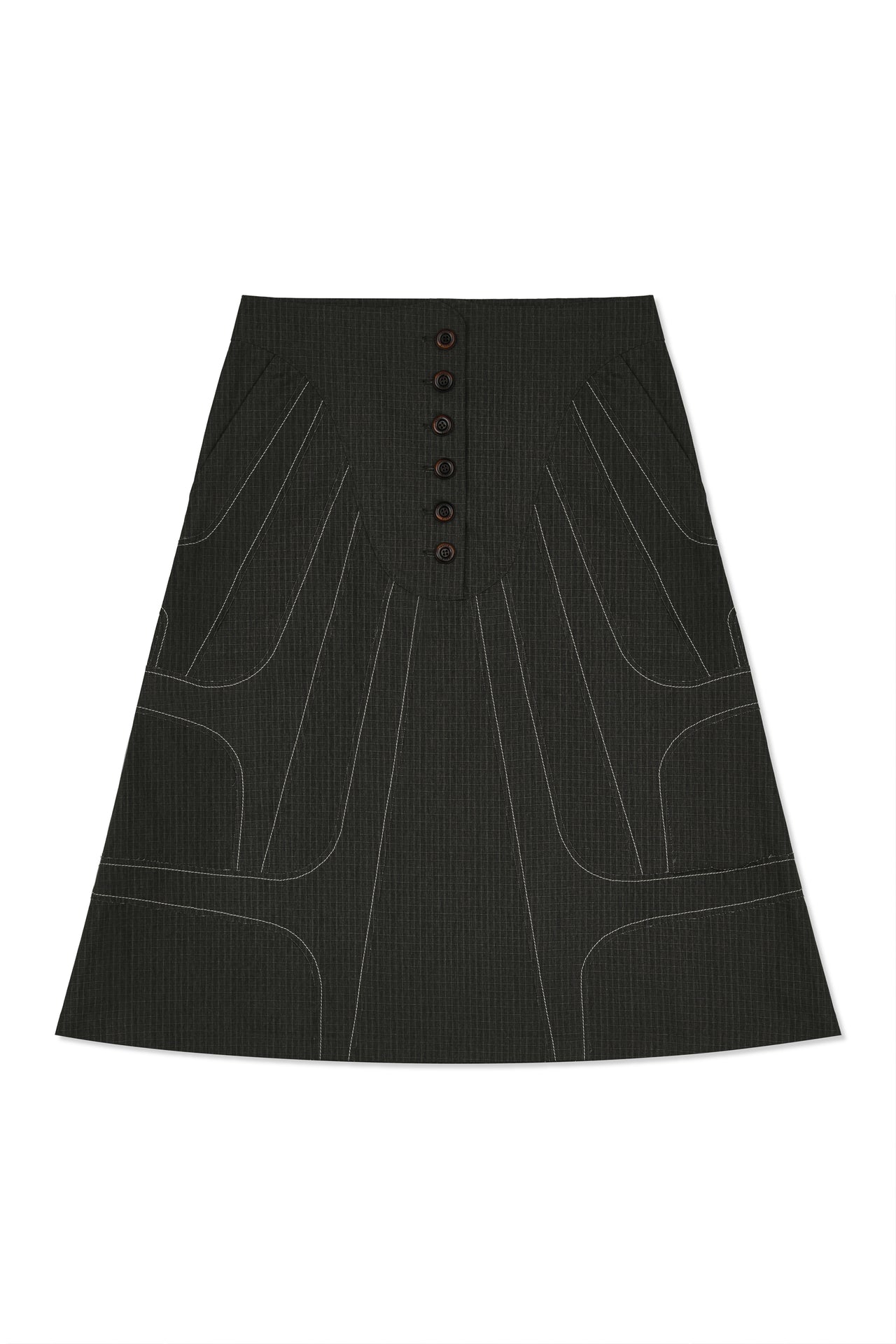 IOEDLE stitched stream skirt, stylish high-waisted skirt with stitched detailing, shown in a natural flowy fabric.