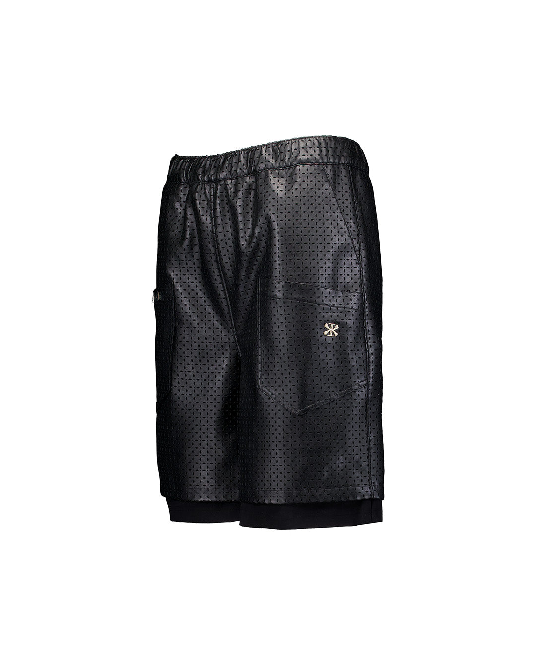 Black leather layered shorts with dagger punch detailing from KIMMICK, featuring a stylish bottom design and edgy craftsmanship.