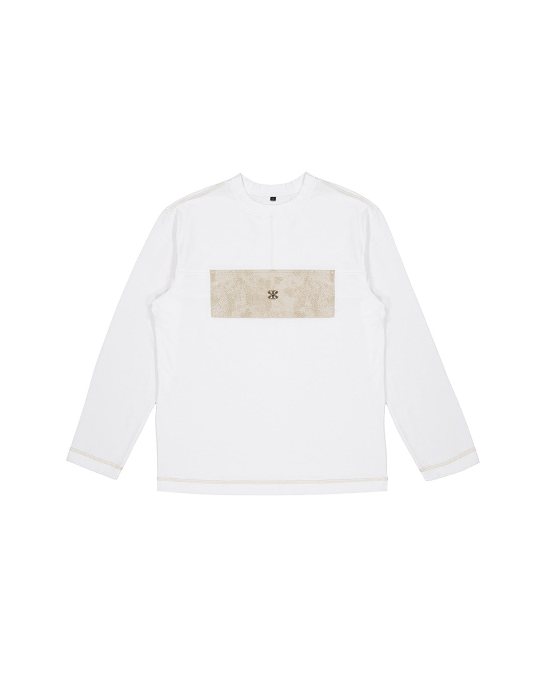 KIMMICK creviced patchwork long sleeve white cap with textured fabric and unique design, displayed in close-up.