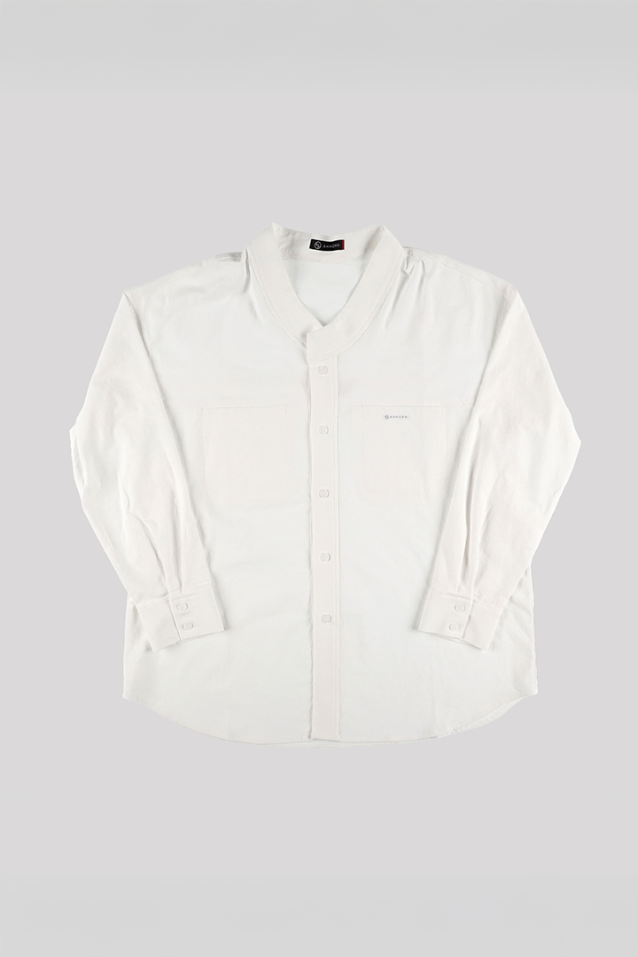 White casual Hanbok Mokpan collar shirt for women by Ahhorn, featuring a relaxed fit and traditional-inspired design.