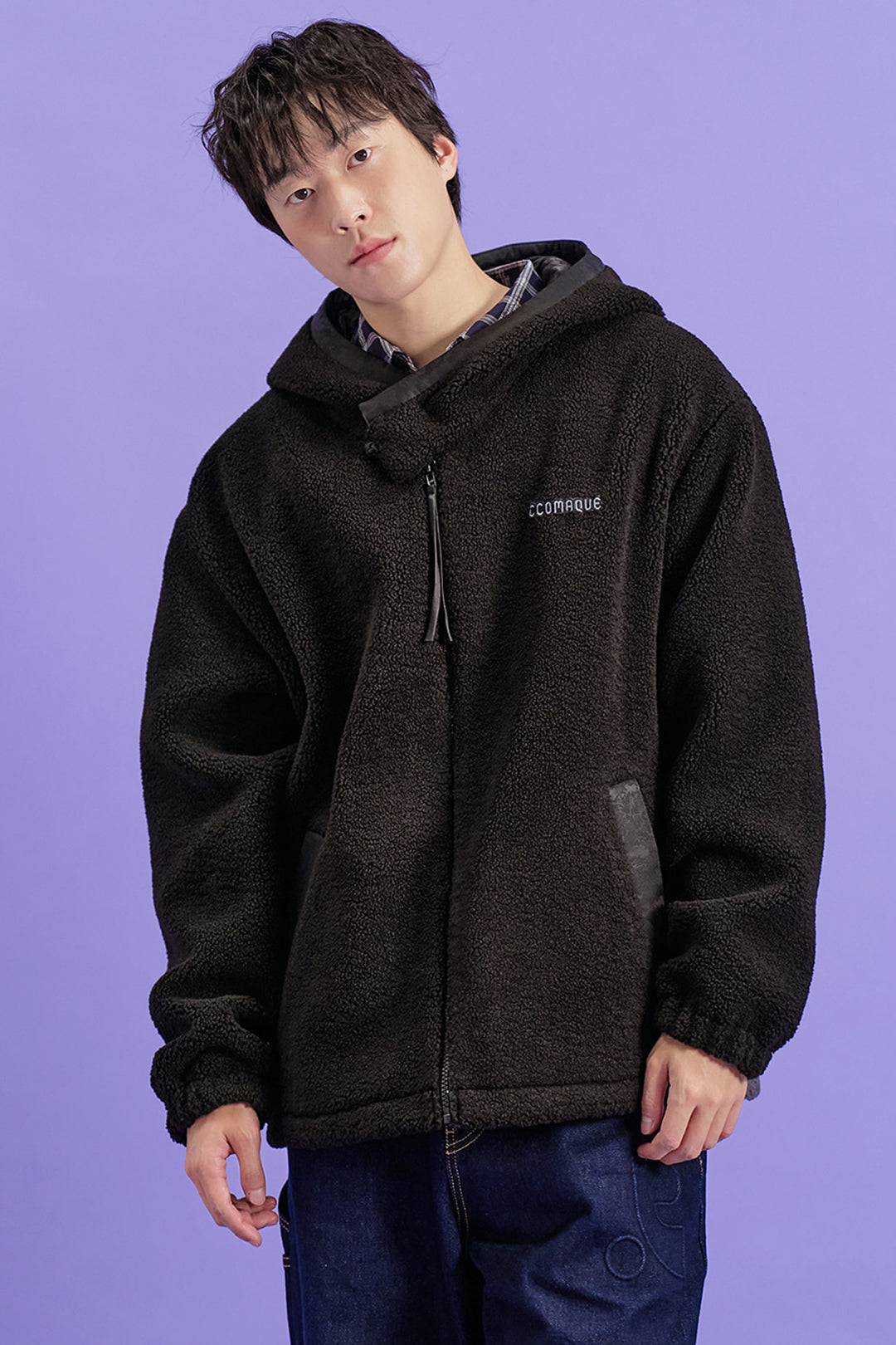 Black CCOMAQUE Gwimyeon hooded zip-up men's jacket, featuring a stylish design with a front zipper and hood.