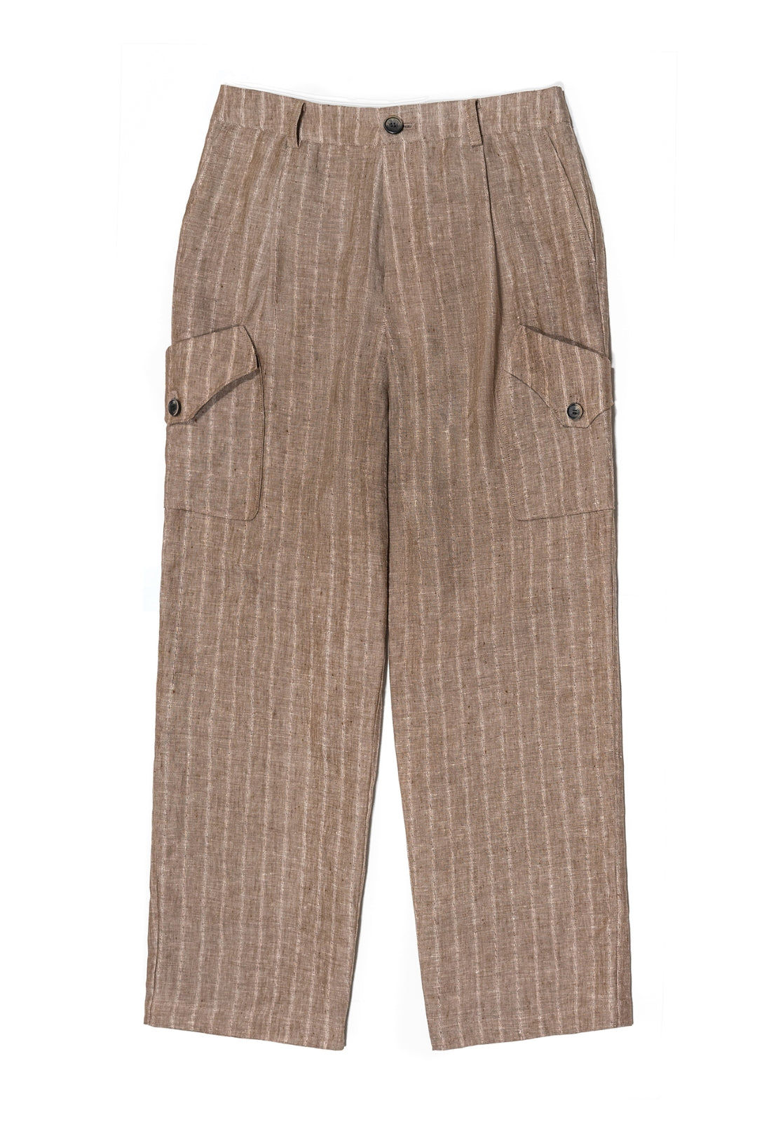 Brown linen cargo pants by IOEDLE, featuring a relaxed fit and multiple cargo pockets, shown on a model.