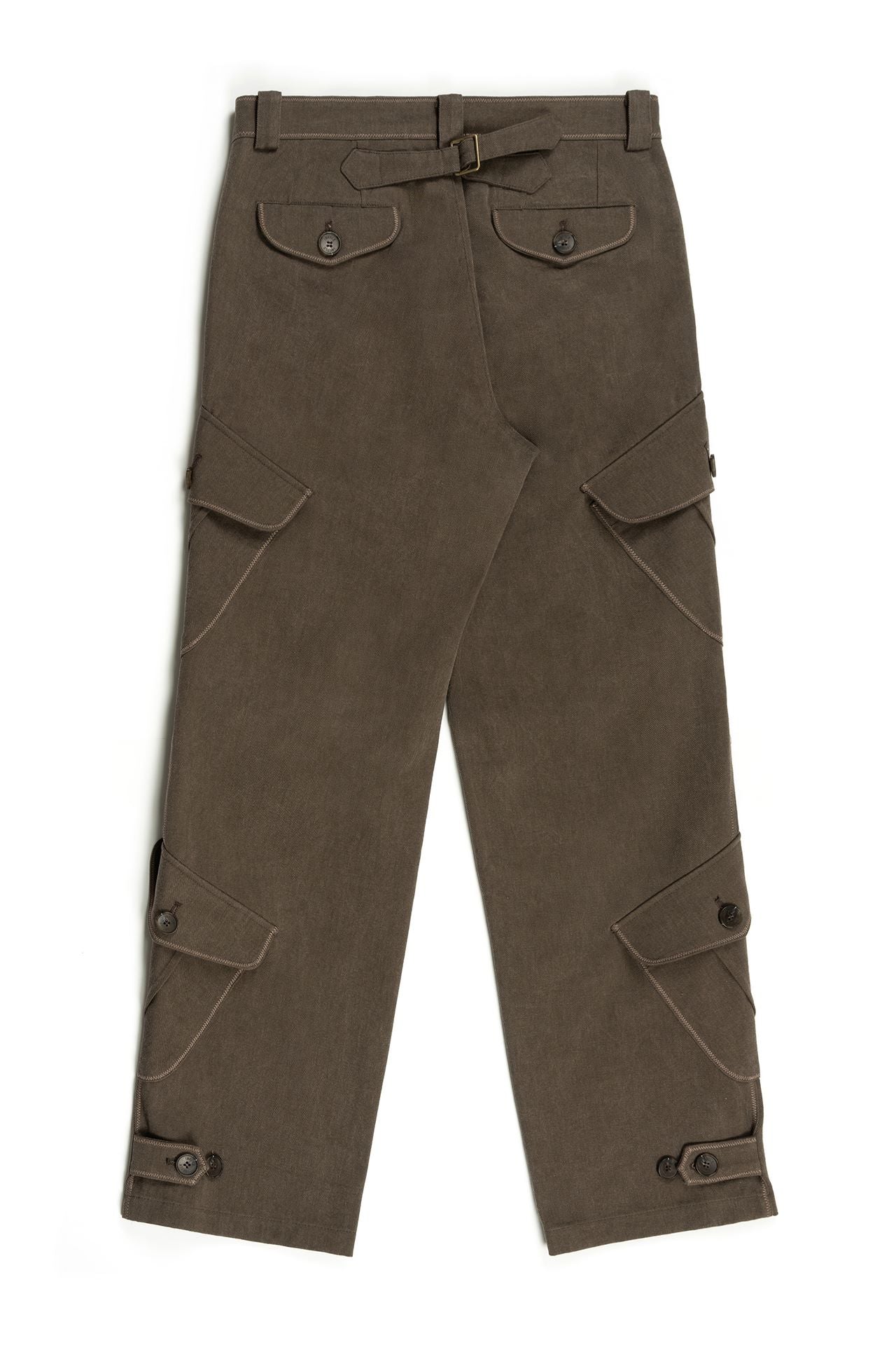 Brown IOEDLE Dirt Cargo Pants with multiple pockets, shown in a casual outdoor setting.