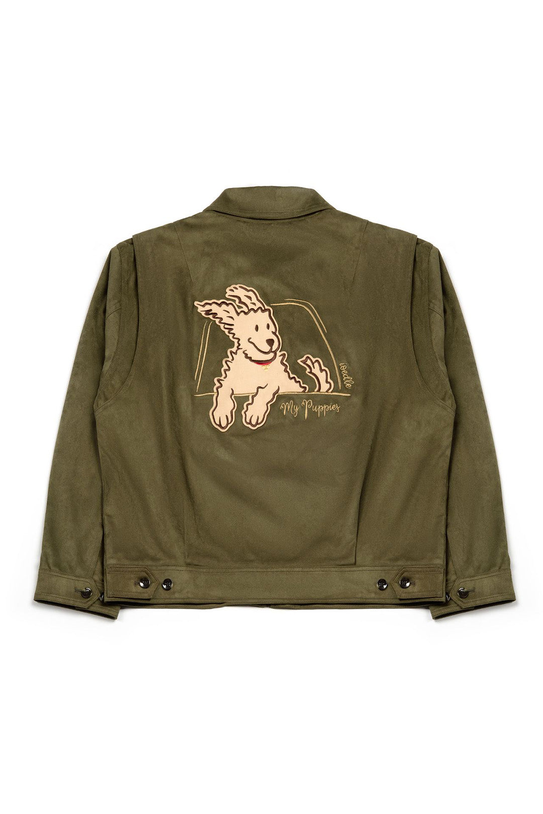 Olive green IOEDLE jacket for puppies, featuring a cozy design perfect for a trip to grandma's.