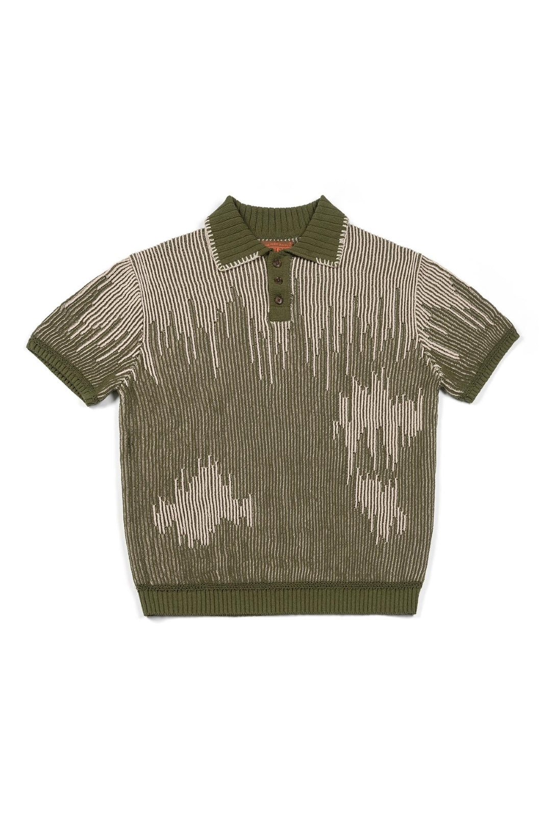 IOEDLE Meteor Shower Knit Khaki shirt displayed on a hanger, showing the fabric texture and classic design.