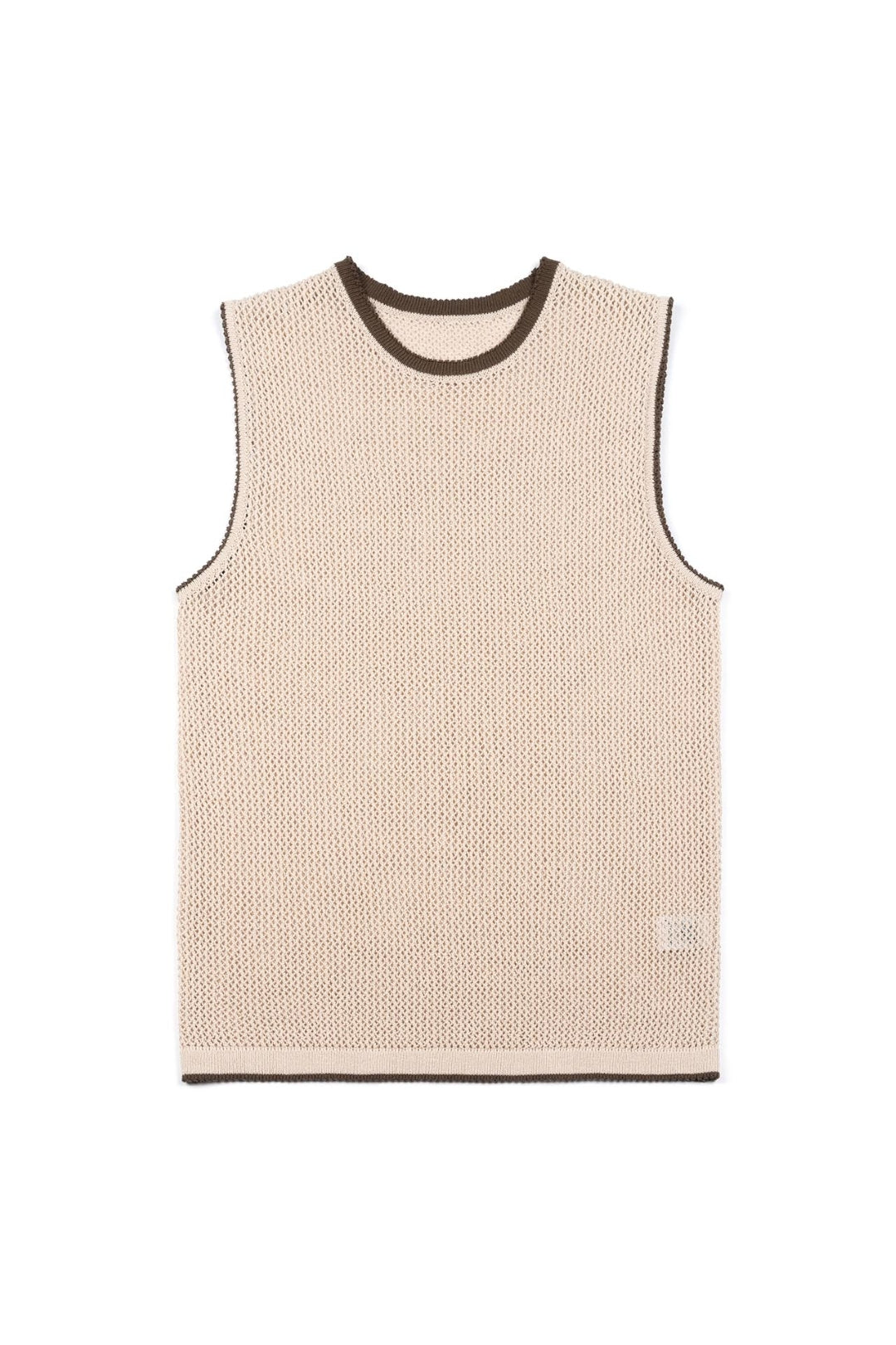 Beige Berry Entwined Mesh Vest by IOEDLE, a stylish sleeveless top with woven berry design for a trendy layered look.