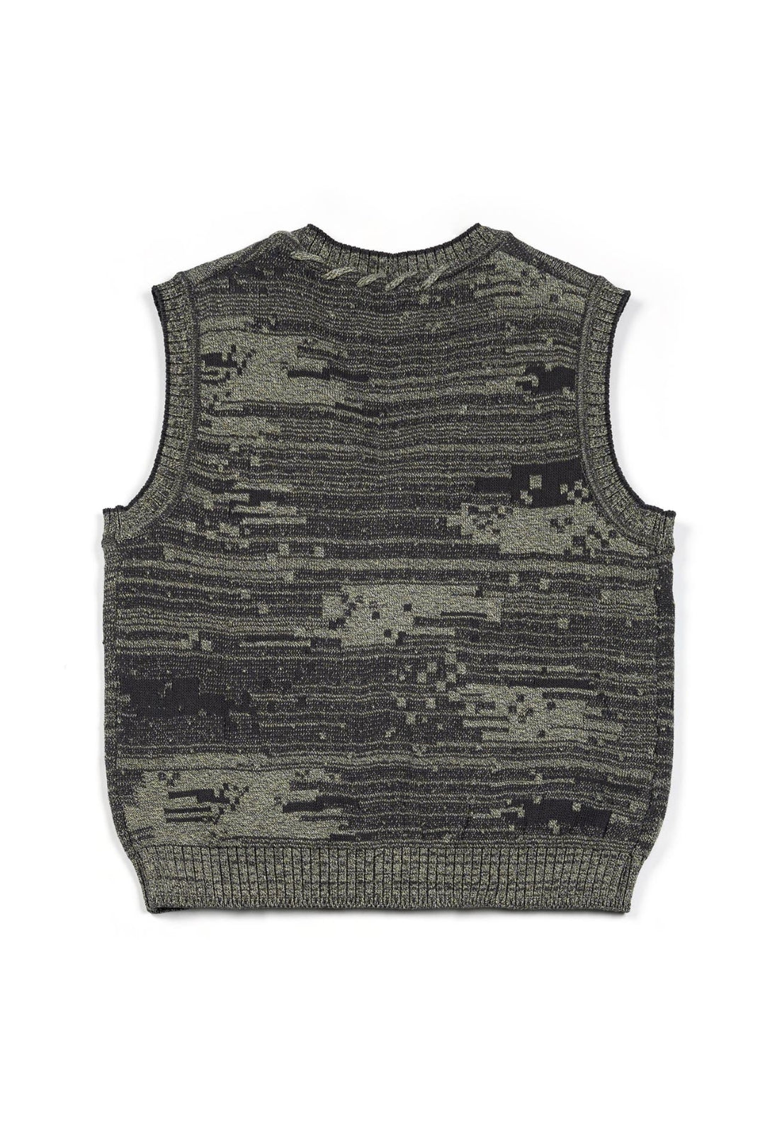 Green Mosaic City knit vest cardigan by IOEDLE, featuring a textured pattern and casual top style with a button front.