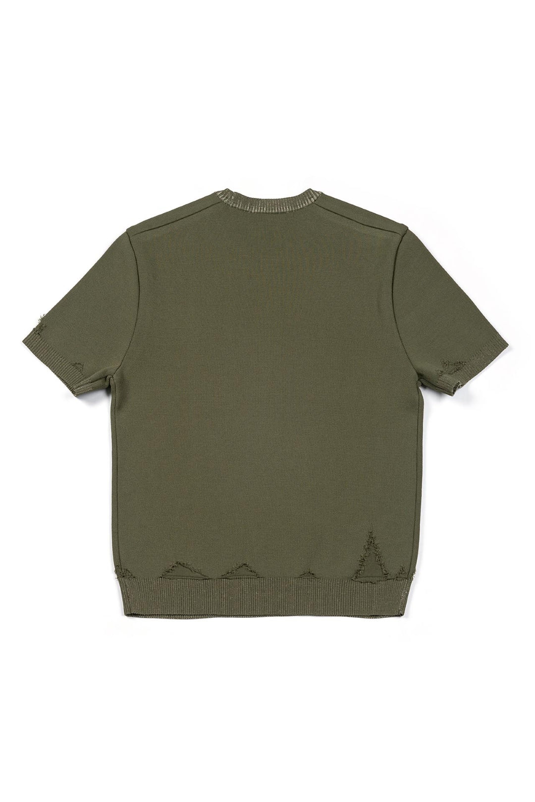 IOEDLE Practical Utopia knitted top in khaki, casual long-sleeve shirt with ribbed cuffs and neckline, front view.