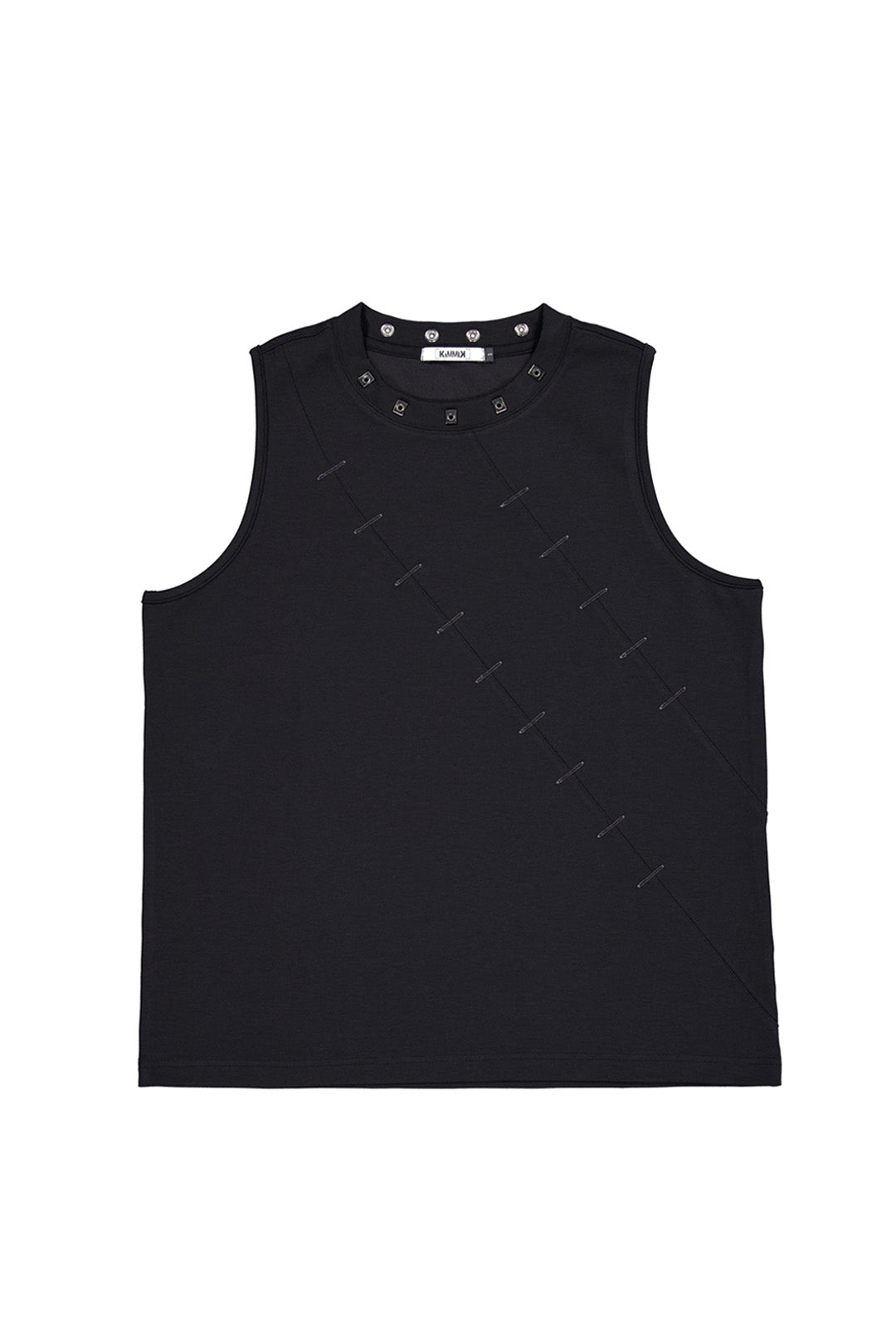 Black double wound sutured sleeveless top by KIMMICK, featuring a fitted design and minimalistic style.
