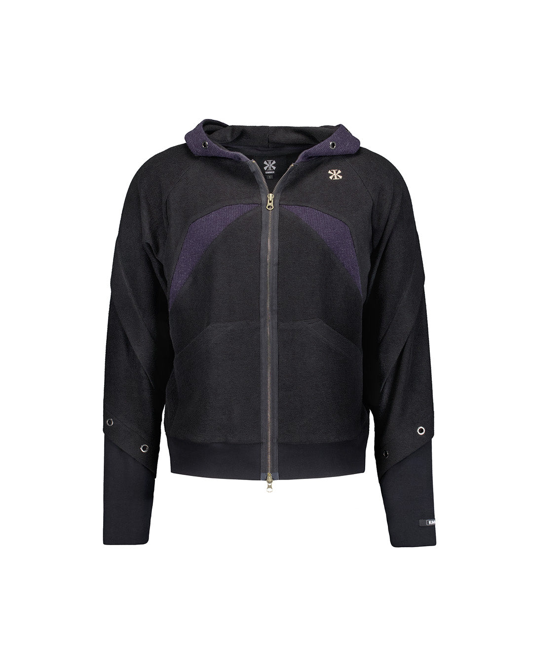 KIMMICK Bound Waffle Reversed Raglan Black Hoodie with zip-up front and relaxed fit, featuring contrasting raglan sleeves and waffle texture.
