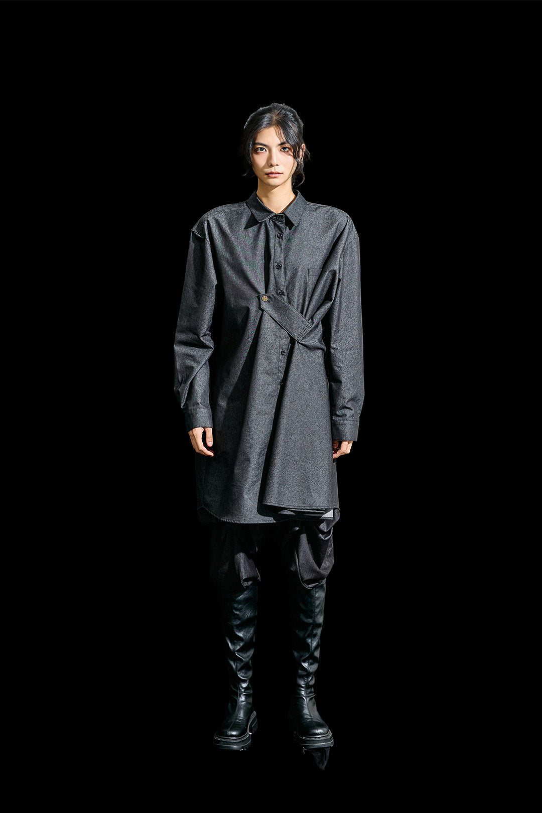 Reculer basic long denim black shirt with draped design, one size, casual fit, made from soft denim fabric