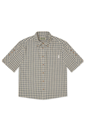 IOEDLE Rocket Slit Short-sleeve Shirt, casual men's shirt with a rocket slit design, shown in a relaxed fit on a model.