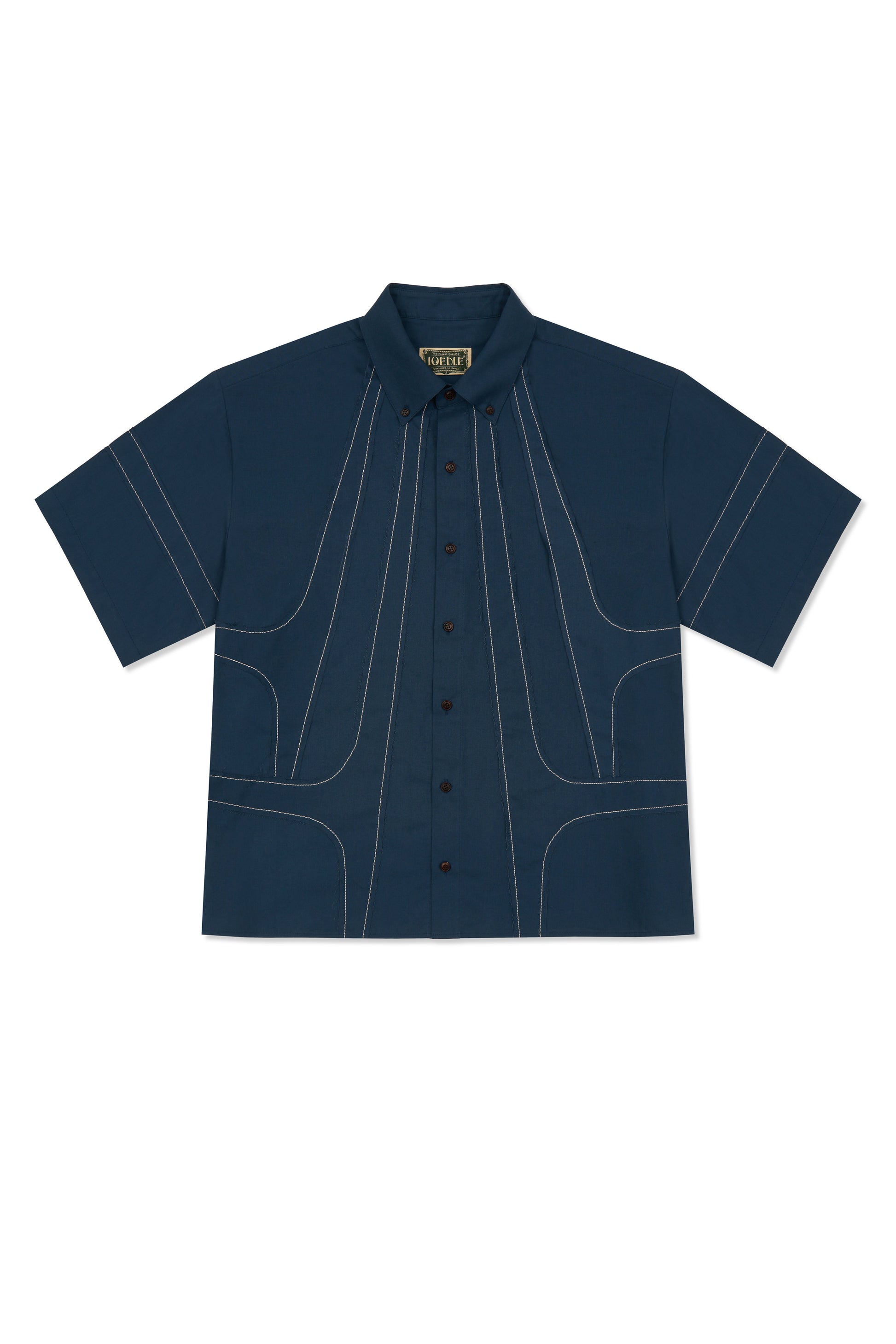 IOEDLE stitched stream short-sleeve shirt featuring a casual design with stitched details, displayed on a hanger.