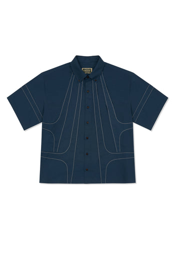 IOEDLE stitched stream short-sleeve shirt featuring a casual design with stitched details, displayed on a hanger.