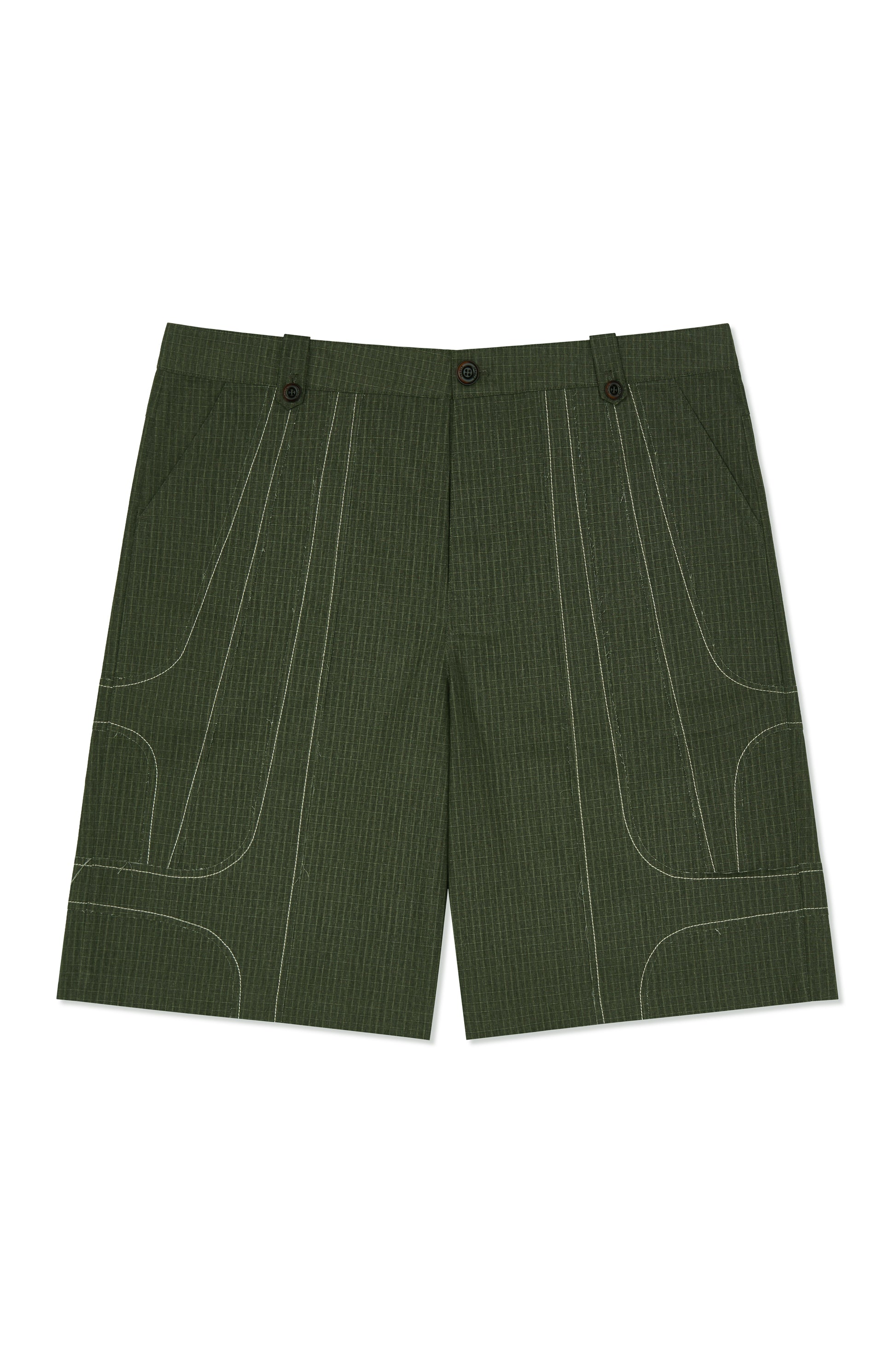 IOEDLE stitched stream shorts shown on a model, featuring a relaxed fit and detailed stitching for casual wear and comfort.