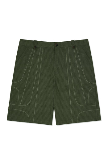 IOEDLE stitched stream shorts shown on a model, featuring a relaxed fit and detailed stitching for casual wear and comfort.