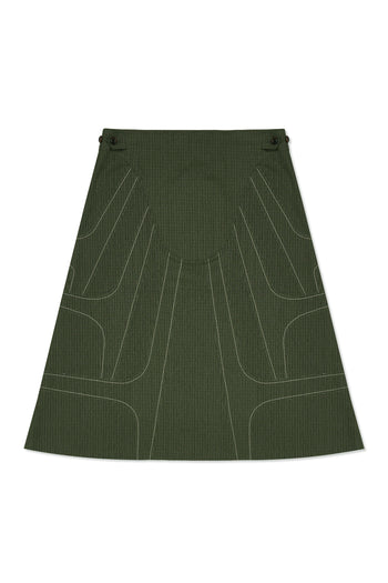 Stitched Stream skirt by IOEDLE featuring a sleek, tailored design in a flowing fabric, displayed on a mannequin.