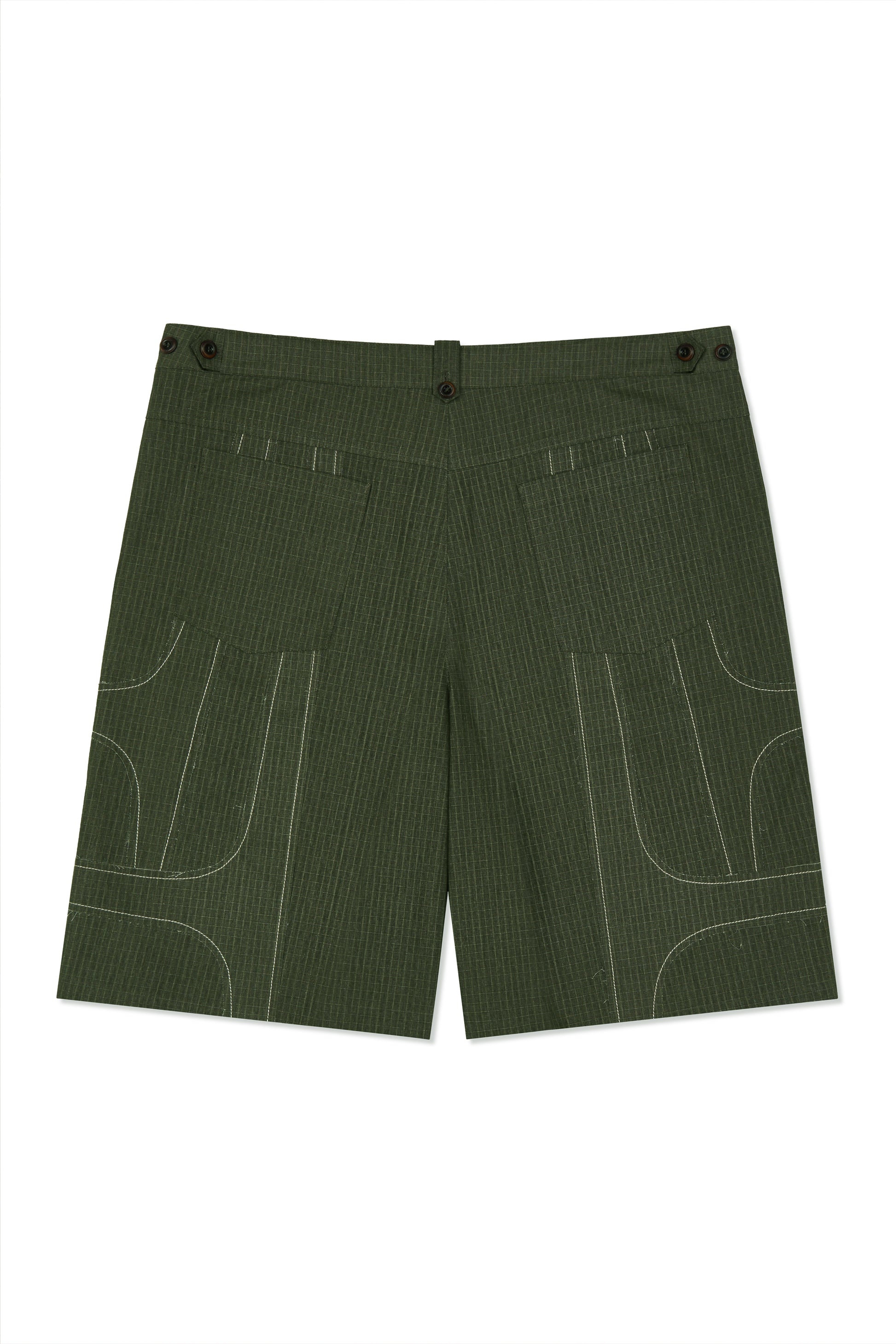 IOEDLE stitched stream shorts displayed, featuring a casual fit and detailed stitching, ideal for comfortable summer wear.