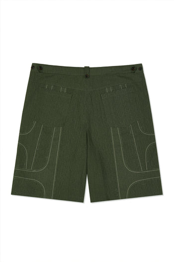 IOEDLE stitched stream shorts displayed, featuring a casual fit and detailed stitching, ideal for comfortable summer wear.