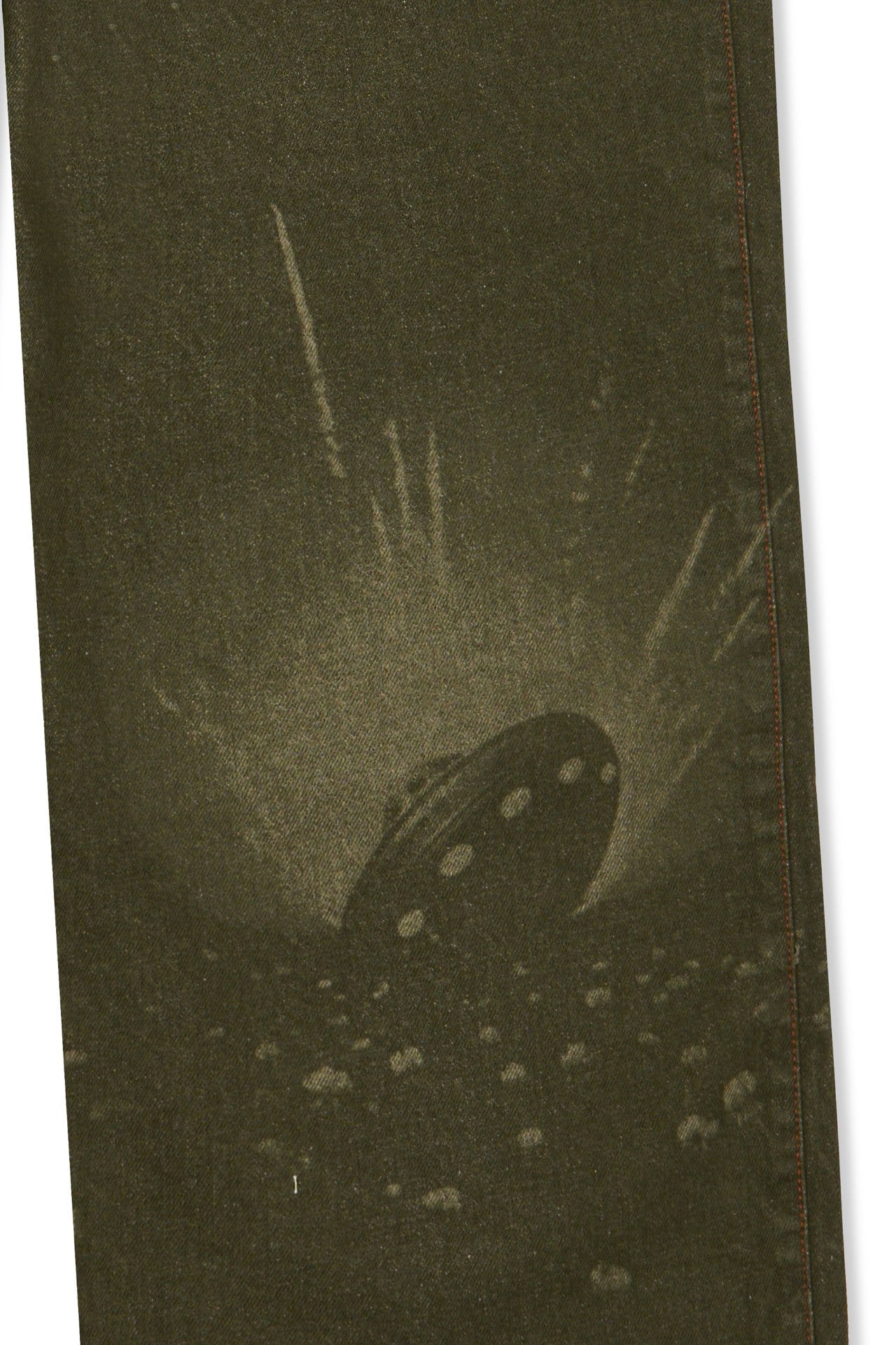 Laser-engraved pants by IOEDLE featuring intricate strange landing designs on stylish casual pants.