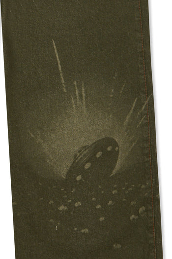 Laser-engraved pants by IOEDLE featuring intricate strange landing designs on stylish casual pants.