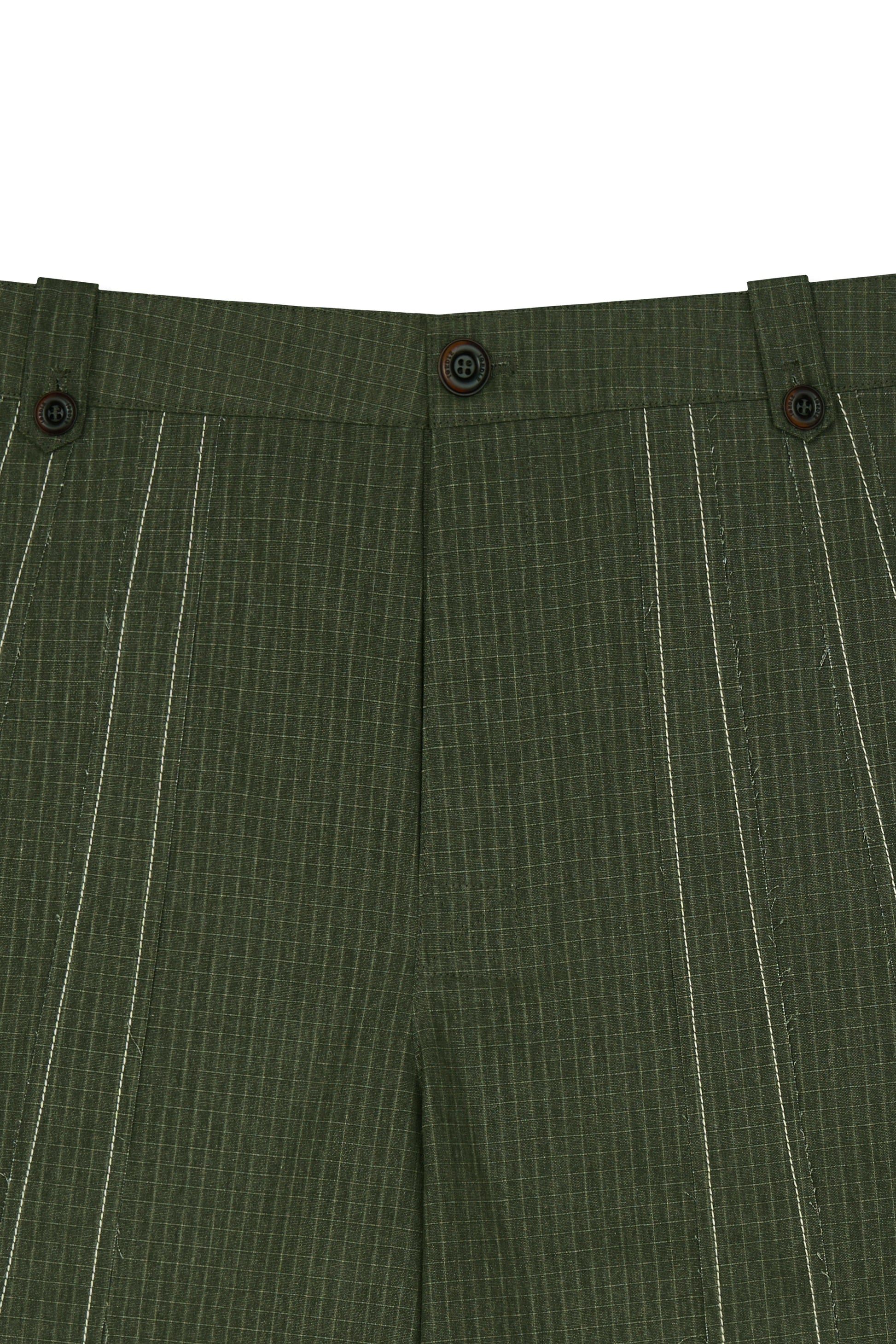 IOEDLE stitched stream shorts showing their relaxed fit, stitched detailing, and casual style on a neutral background.
