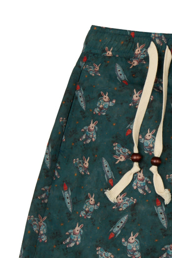 IOEDLE porcelain flight shorts hanging on a display, showcasing lightweight, stylish shorts with a unique porcelain-themed design.