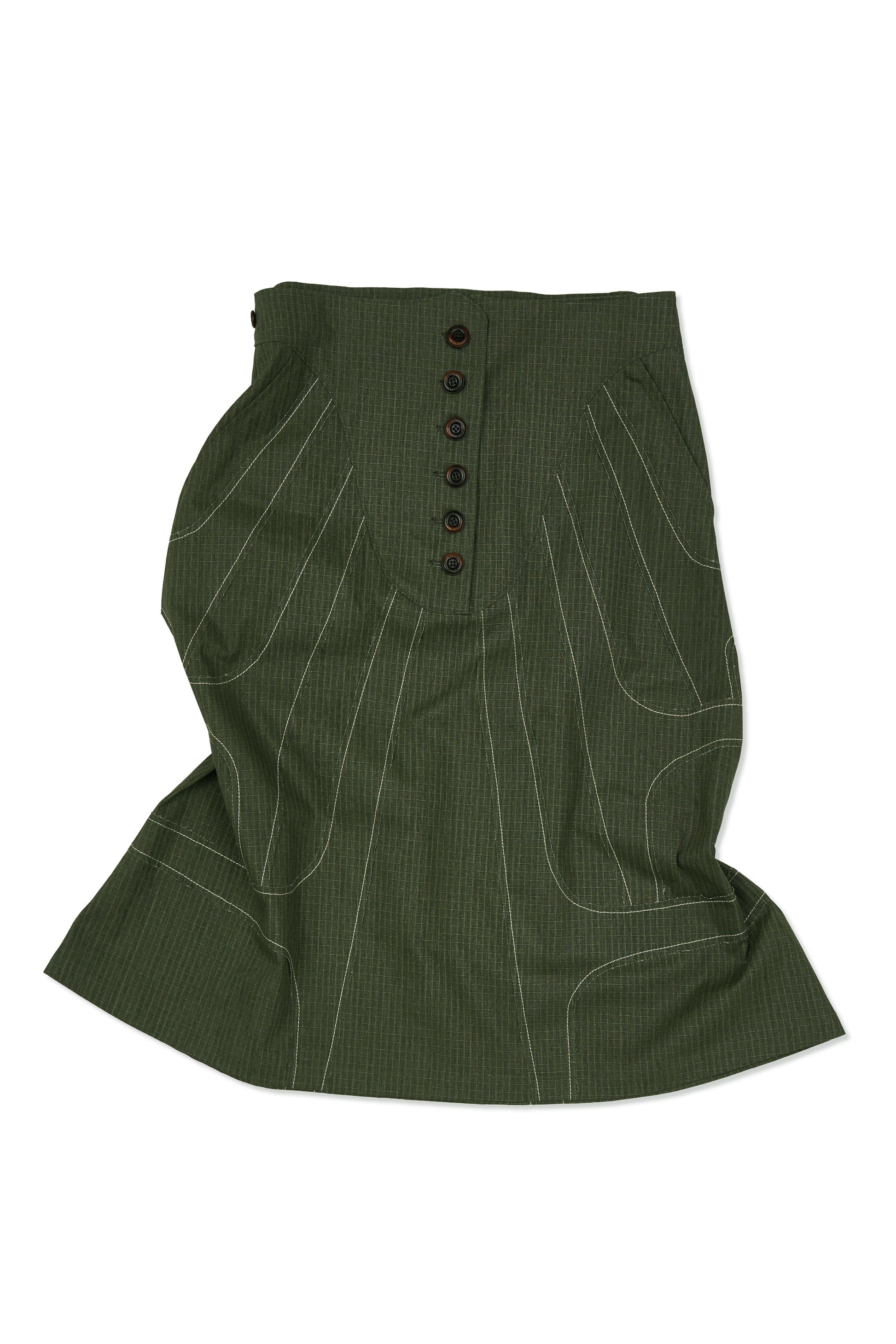 IOEDLE stitched stream skirt showing a flowing, stitched design in soft fabric, displayed on a hanger against a neutral background.