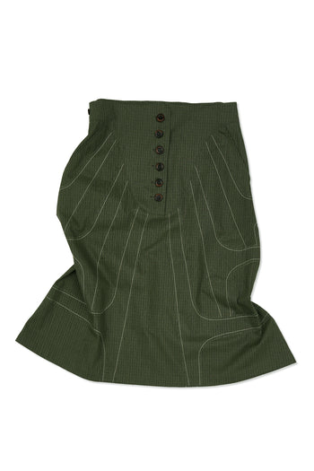IOEDLE stitched stream skirt showing a flowing, stitched design in soft fabric, displayed on a hanger against a neutral background.