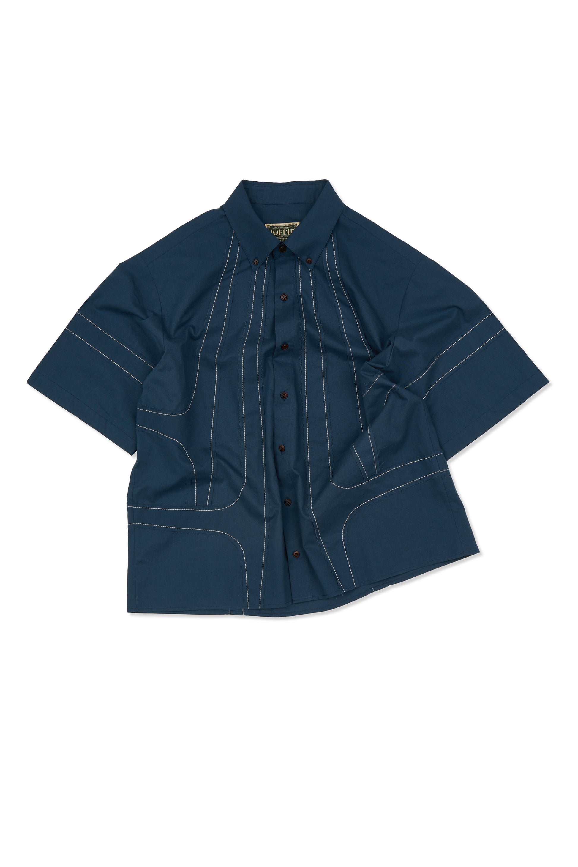 IOEDLE stitched stream short-sleeve shirt, lightweight casual shirt with stitched detailing, displayed flat with collar and buttons visible.