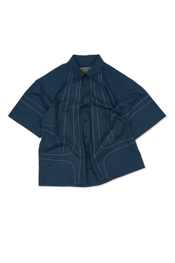 IOEDLE stitched stream short-sleeve shirt, lightweight casual shirt with stitched detailing, displayed flat with collar and buttons visible.