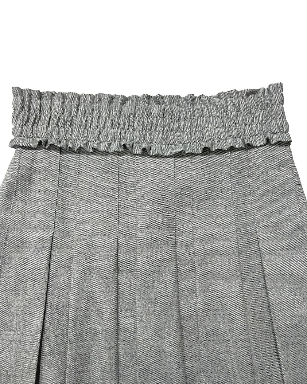 LOVE CRAZY WILD MAN melange grey frill pleats skirt with layered design and flowy fabric, shown on a model.