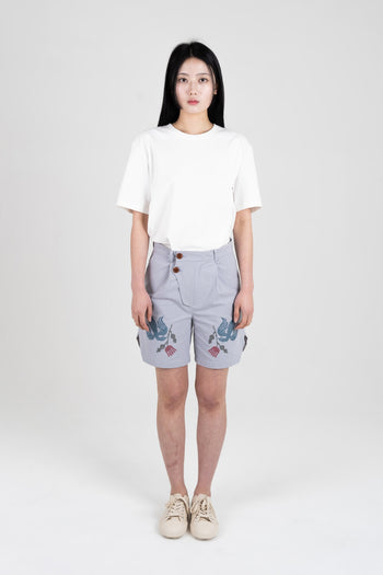 Bird Cross-Stitched Shorts Sky Blue