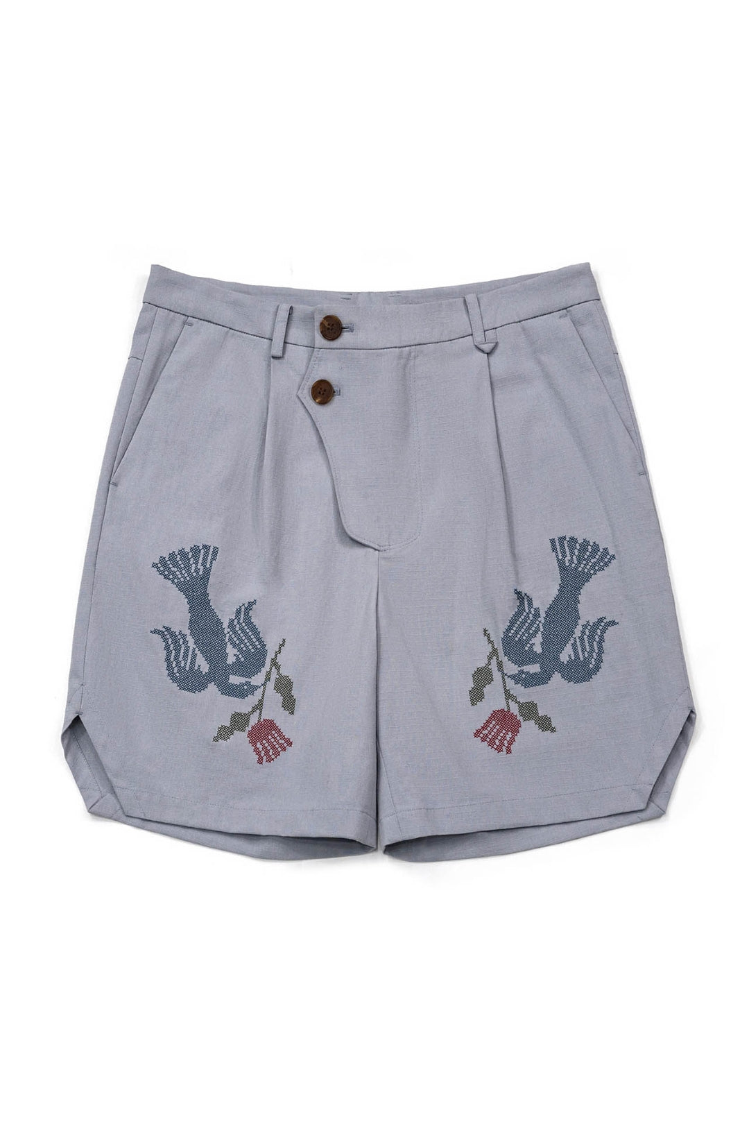 Bird Cross-Stitched Shorts Sky Blue