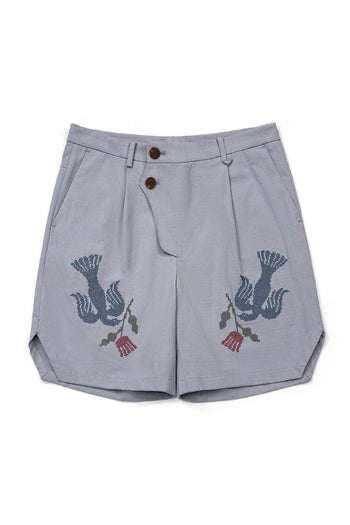 Bird Cross-Stitched Shorts Sky Blue