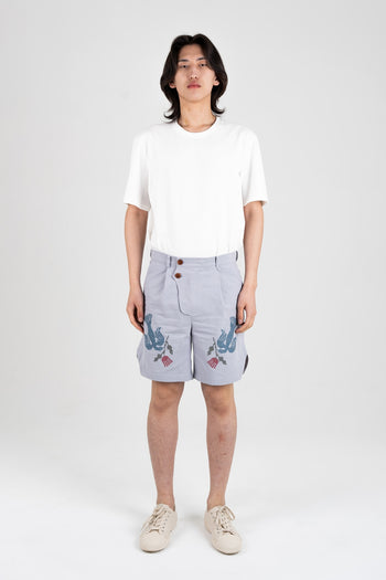 Bird Cross-Stitched Shorts Sky Blue