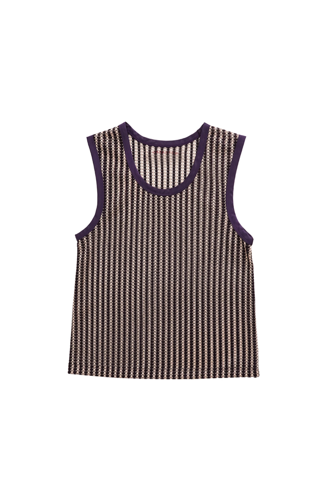 Beige striped mesh tank top from LOVE CRAZY WILD MAN, sleeveless tops with breathable lightweight fabric.