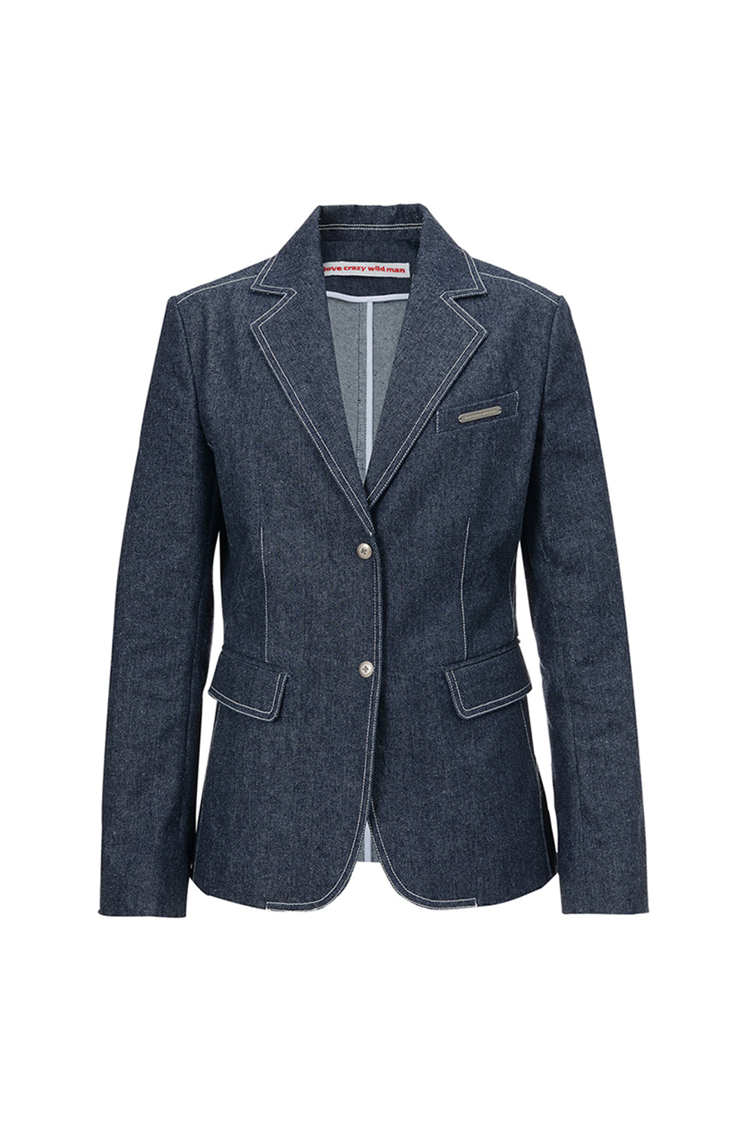Deep indigo denim blazer jacket by LOVE CRAZY WILD MAN, featuring classic tailored design and button details.