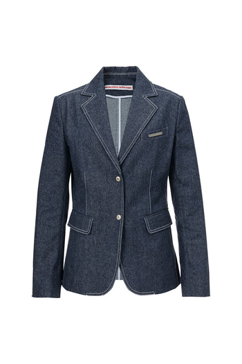 Deep indigo denim blazer jacket by LOVE CRAZY WILD MAN, featuring classic tailored design and button details.