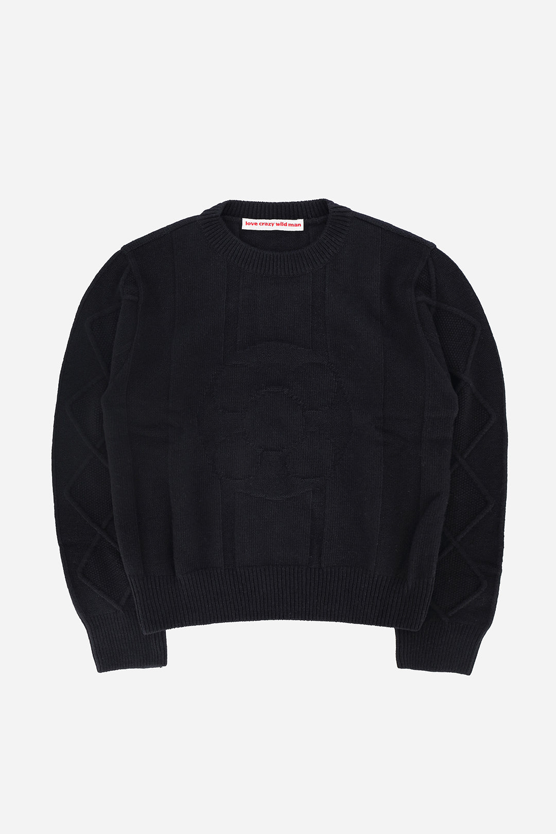 Black LOVE CRAZY WILD MAN sweater featuring a cozy knit design and a relaxed fit, perfect for casual wear.