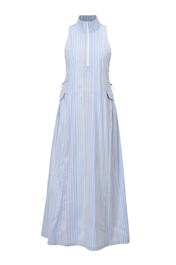 Blue stripe high neck dress by LOVE CRAZY WILD MAN, featuring a stylish high neckline and elegant design.