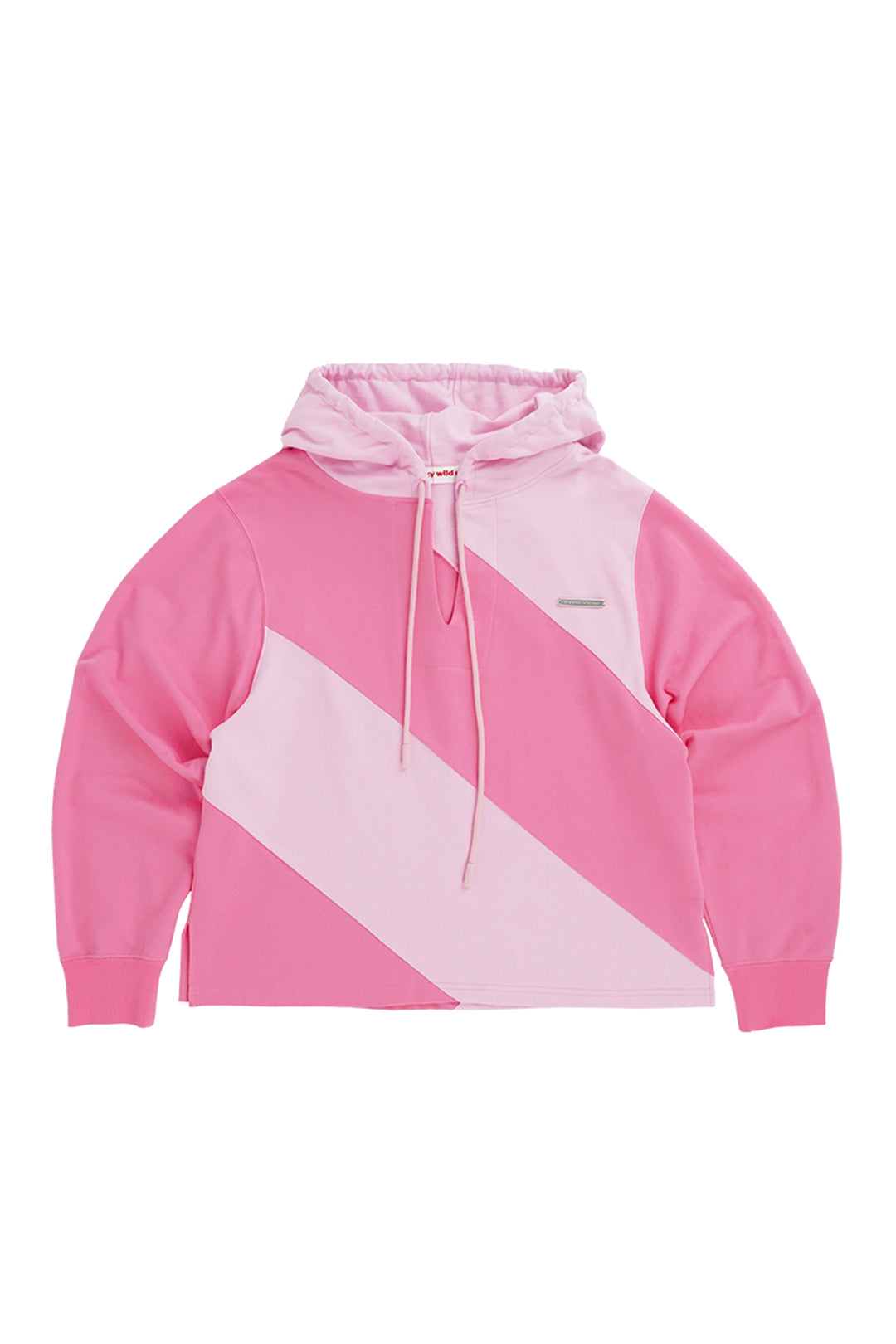 Pink diagonal hoodie by LOVE CRAZY WILD MAN featuring a casual fit and stylish design displayed on a model.
