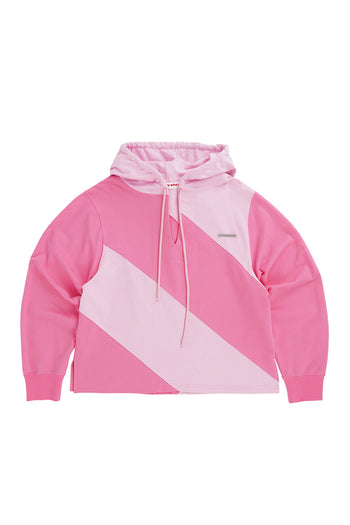 Pink diagonal hoodie by LOVE CRAZY WILD MAN featuring a casual fit and stylish design displayed on a model.