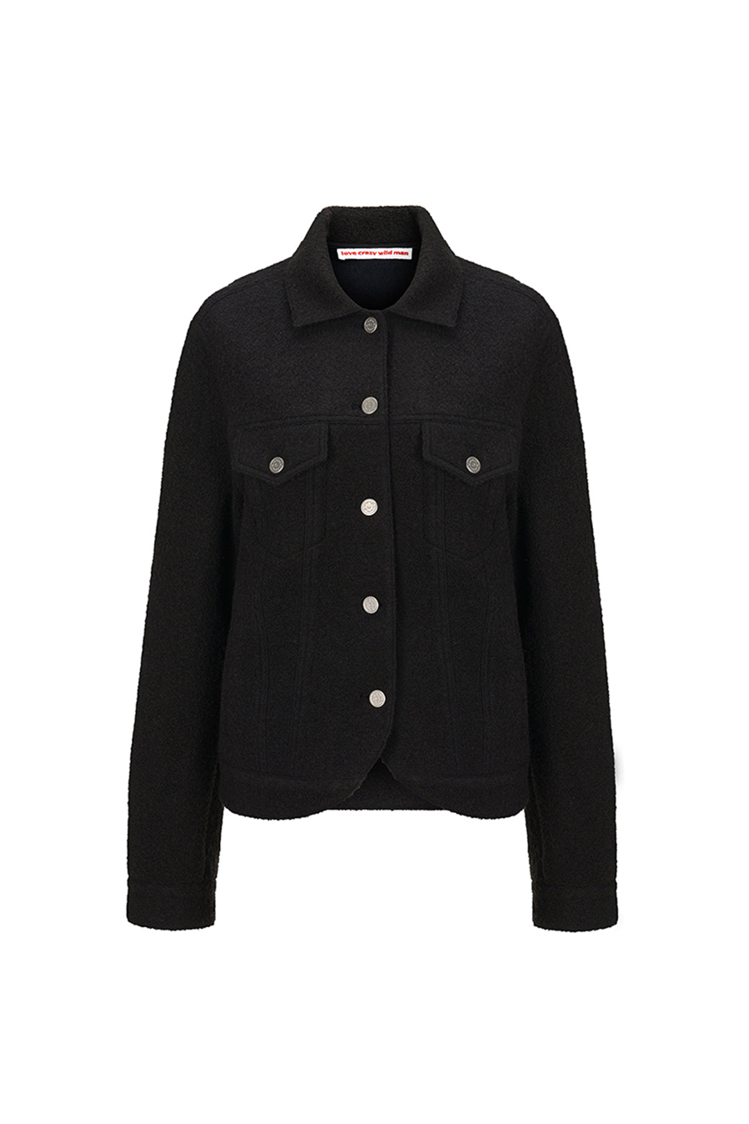 Love Crazy Wild Man rounded trucker jacket, front view showing classic collar, button closure, and rugged denim style.