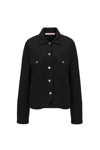 Love Crazy Wild Man rounded trucker jacket, front view showing classic collar, button closure, and rugged denim style.