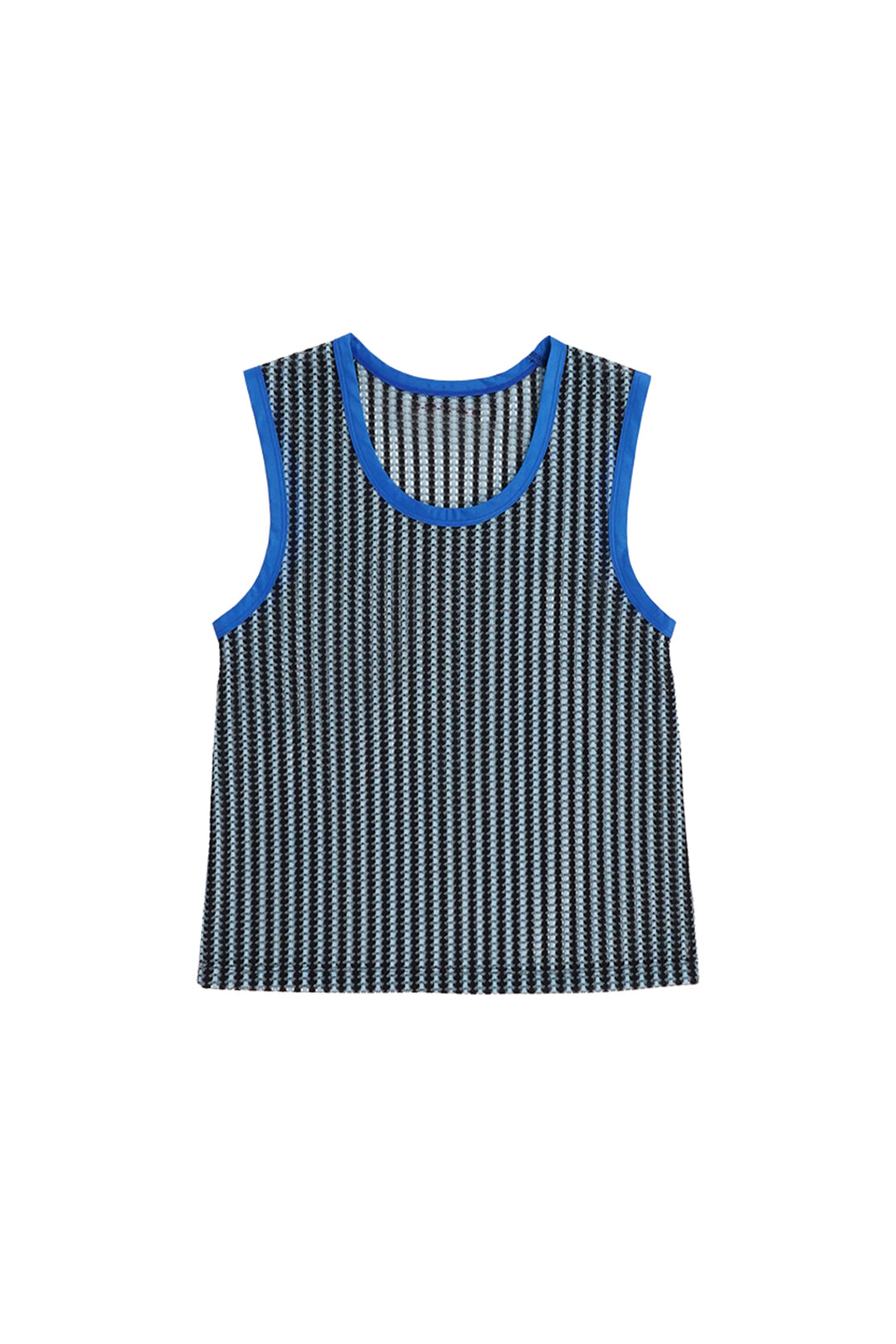 Blue striped mesh tank top from LOVE CRAZY WILD MAN, casual sleeveless top ideal for warm weather.