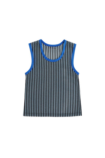 Blue striped mesh tank top by LOVE CRAZY WILD MAN, featuring a sleeveless design and breathable fabric for casual wear.